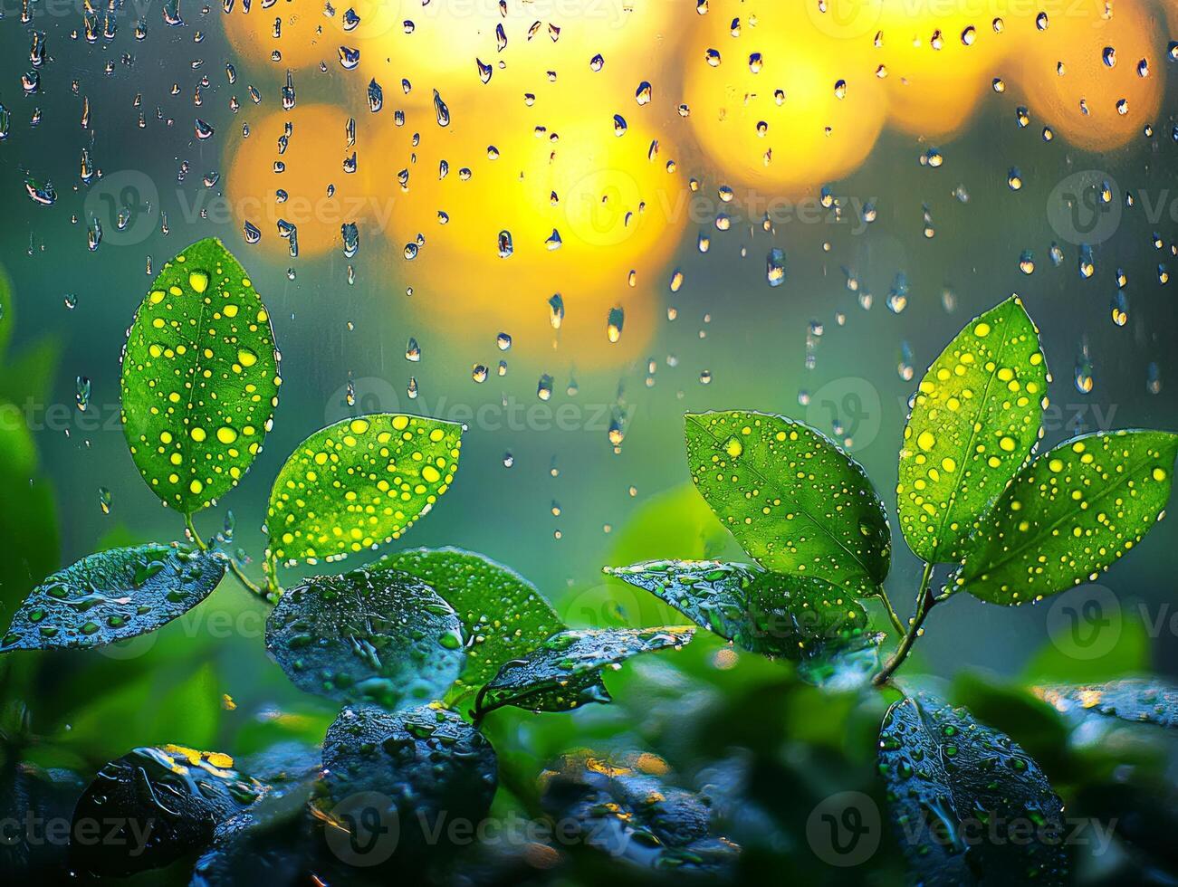 Fresh green leaves covered with rain drops during golden hour sunset photo