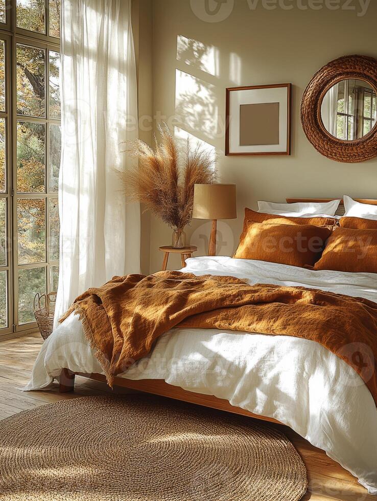 Bedroom interior design with jute rug and plants basking photo