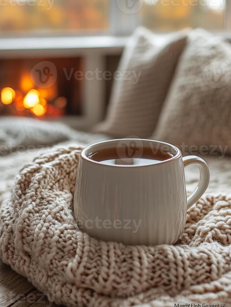 Steaming tea warming by fireplace on knitted blanket photo