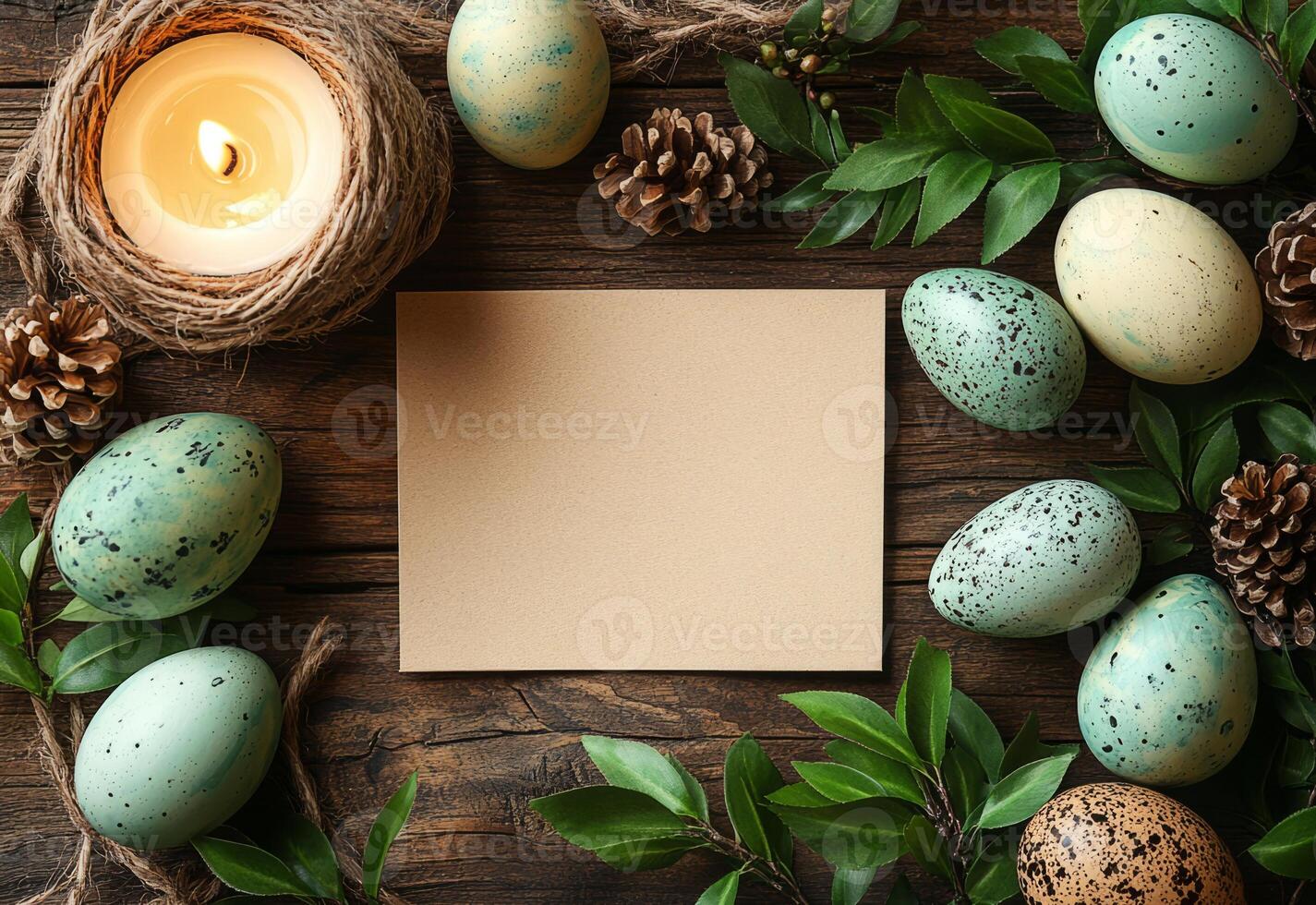 easter eggs and blank card on rustic wood photo