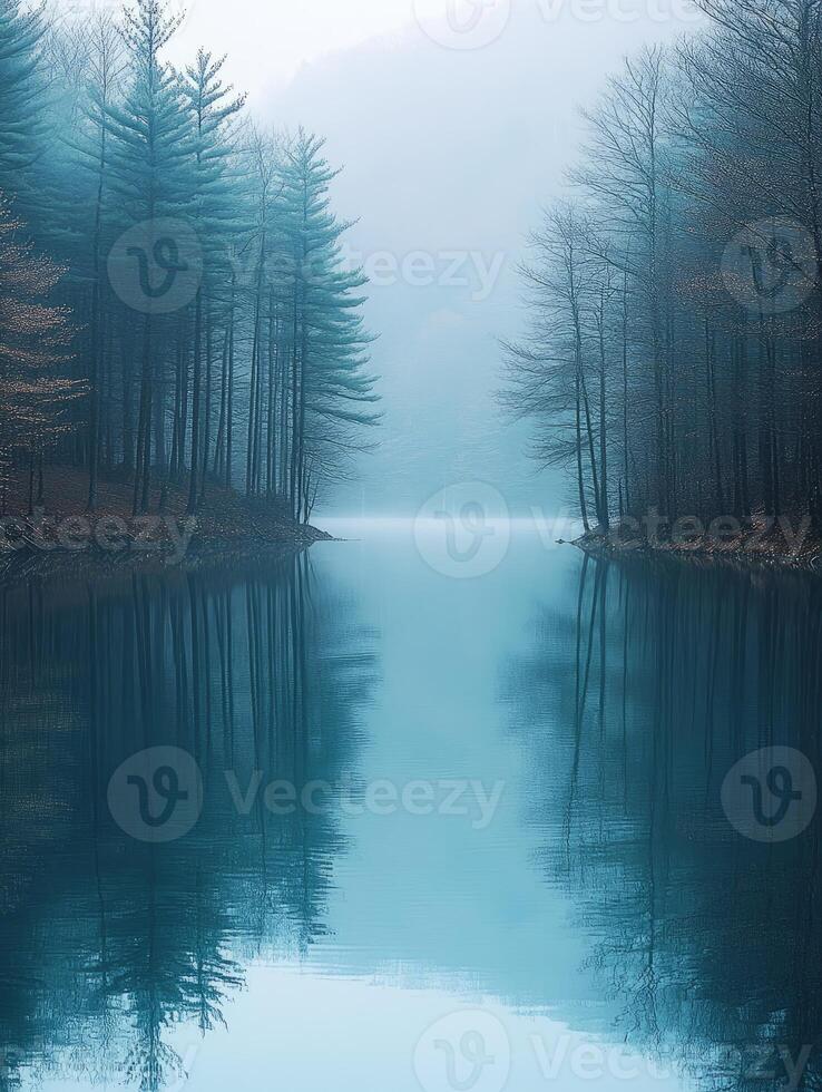 Fog covering forest reflecting on lake in autumn photo