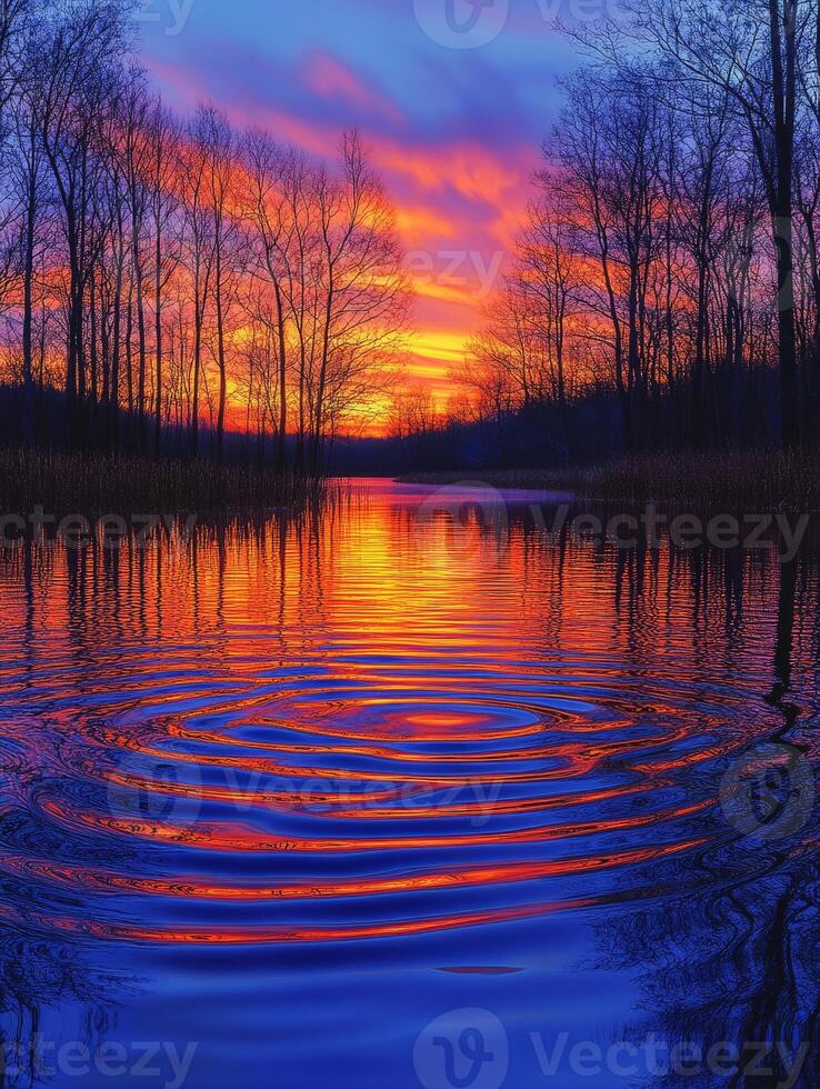 Sunset reflecting on water surface with ripples creating concentric circles photo
