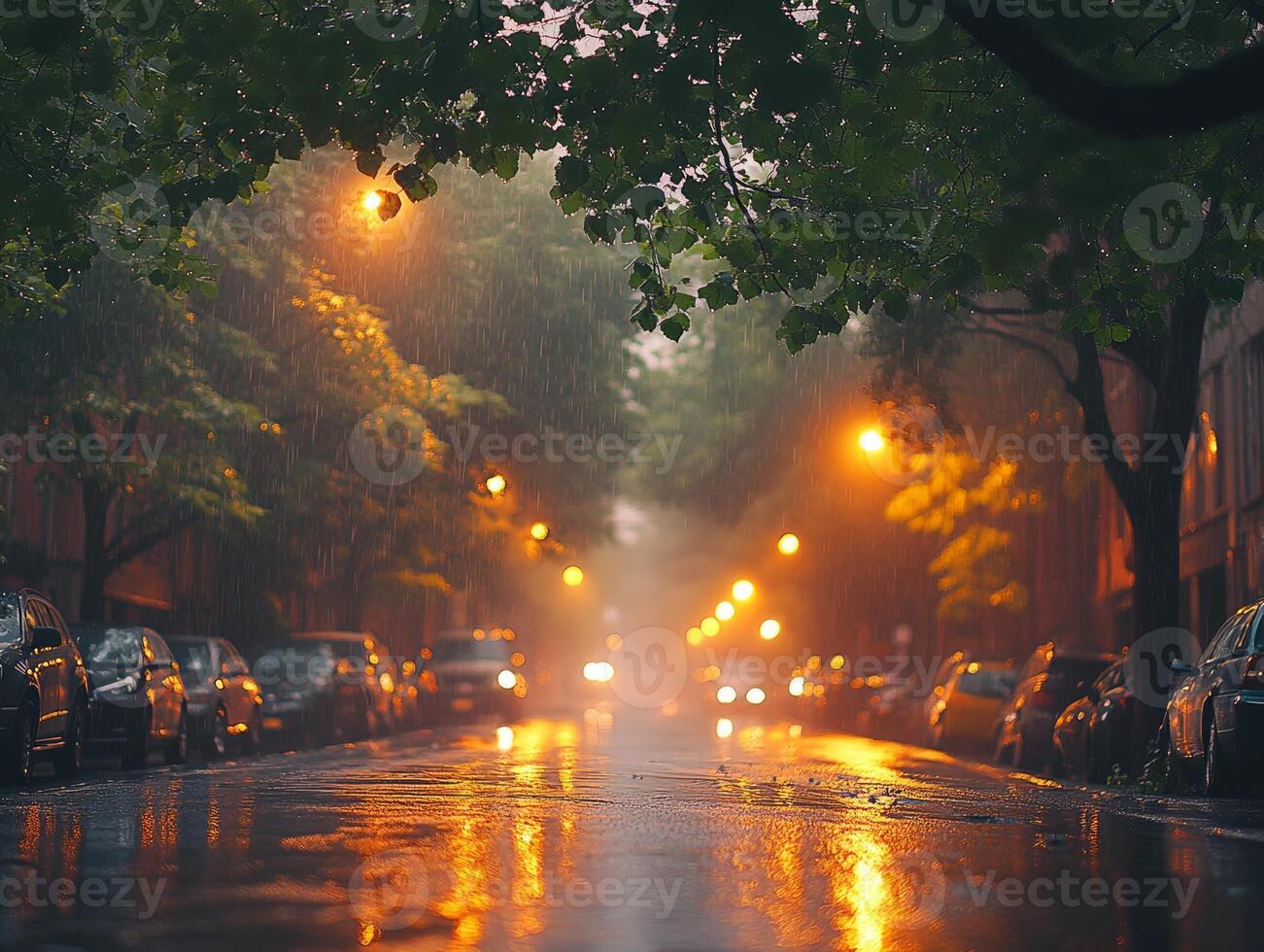 Rain falling on city street at dusk creating beautiful bokeh effect photo