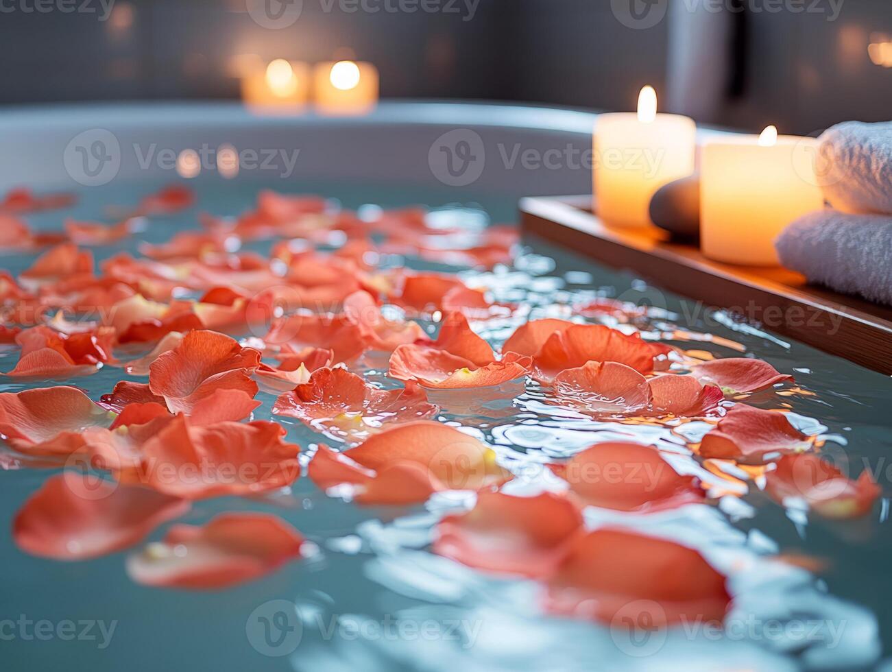 Relaxing rose petal bath with burning candles creating a romantic atmosphere photo