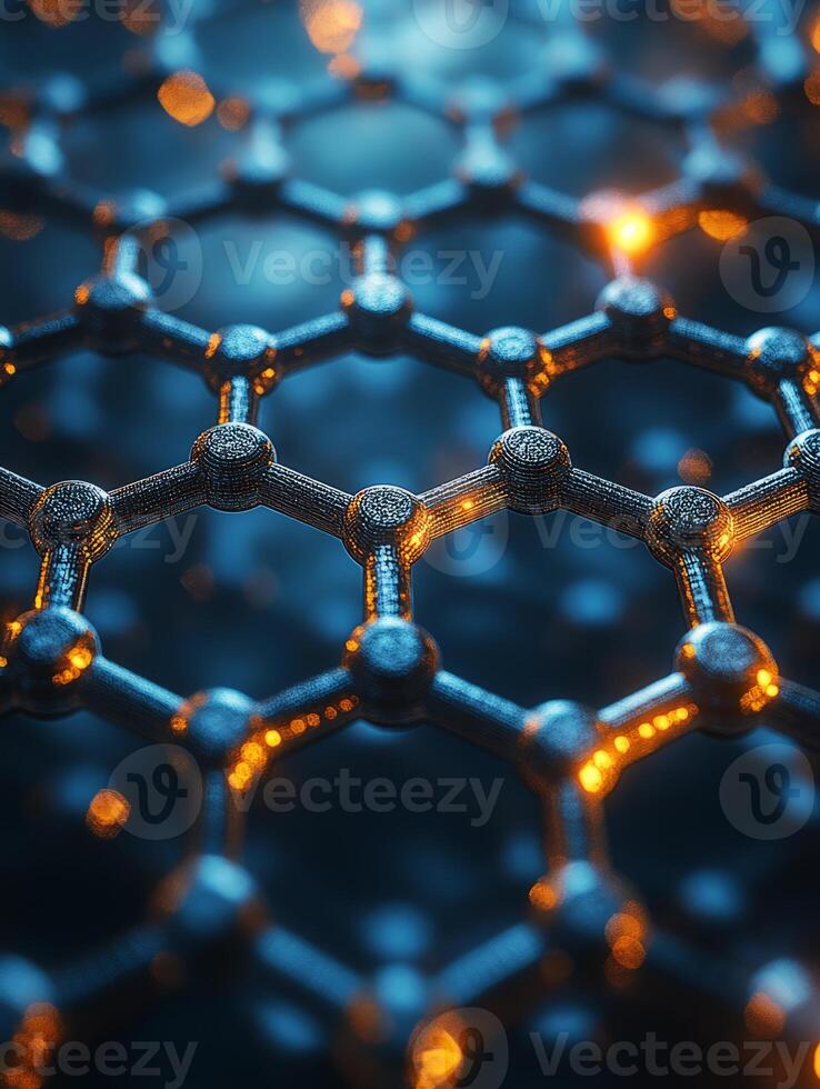 Graphene molecular structure forming hexagonal lattice with orange glow photo