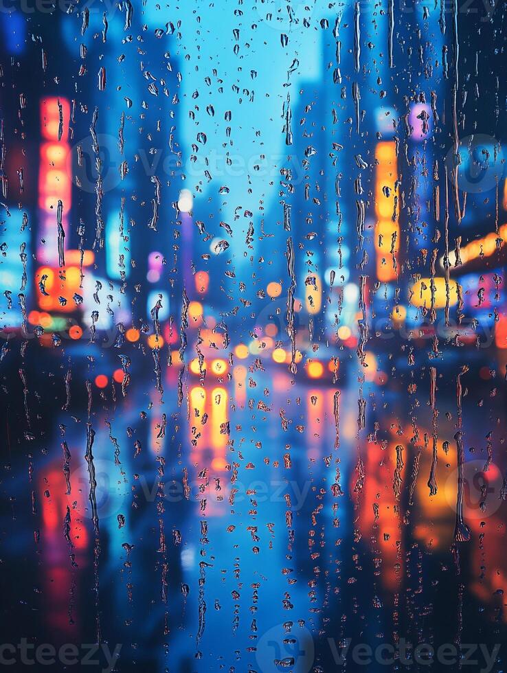 Rain falling on street at dusk creating beautiful bokeh effect photo