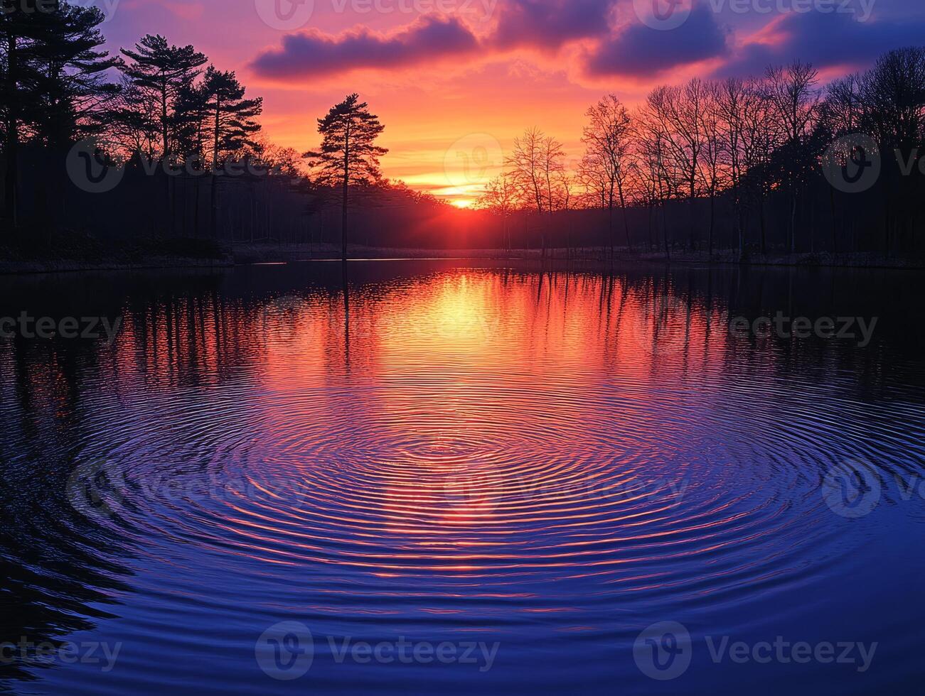 Sunset reflecting on water with ripples creating concentric circles photo
