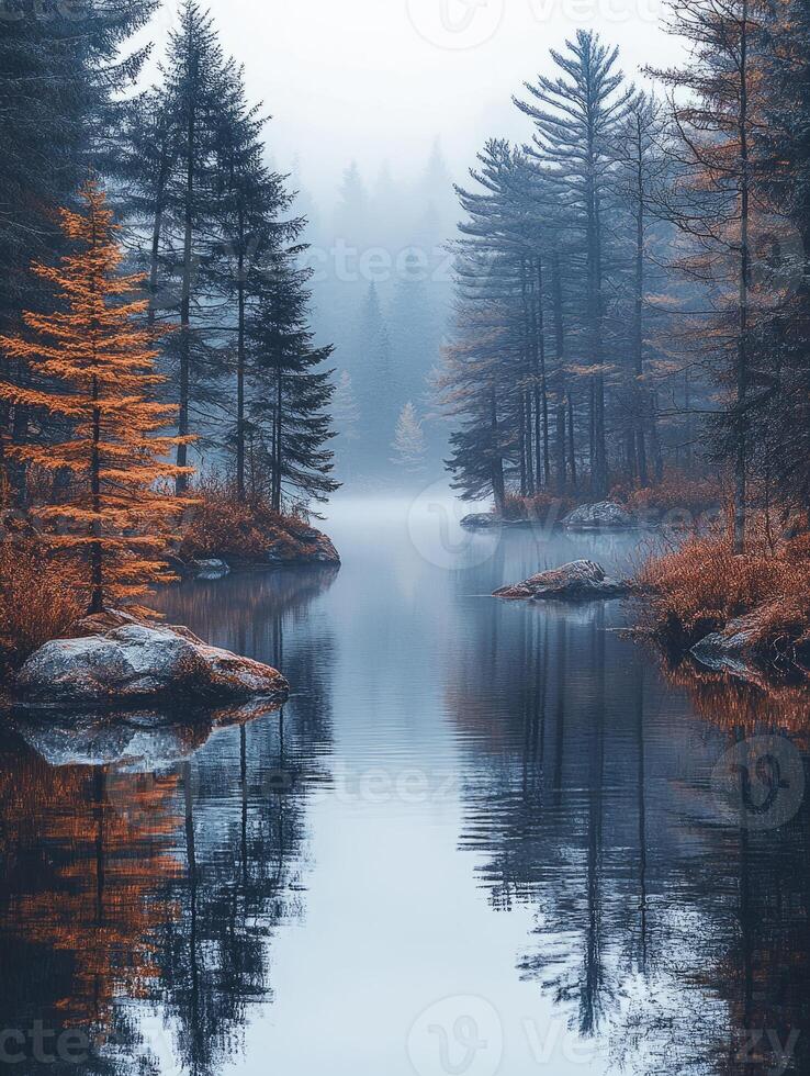 Fog covering forest reflecting on lake photo