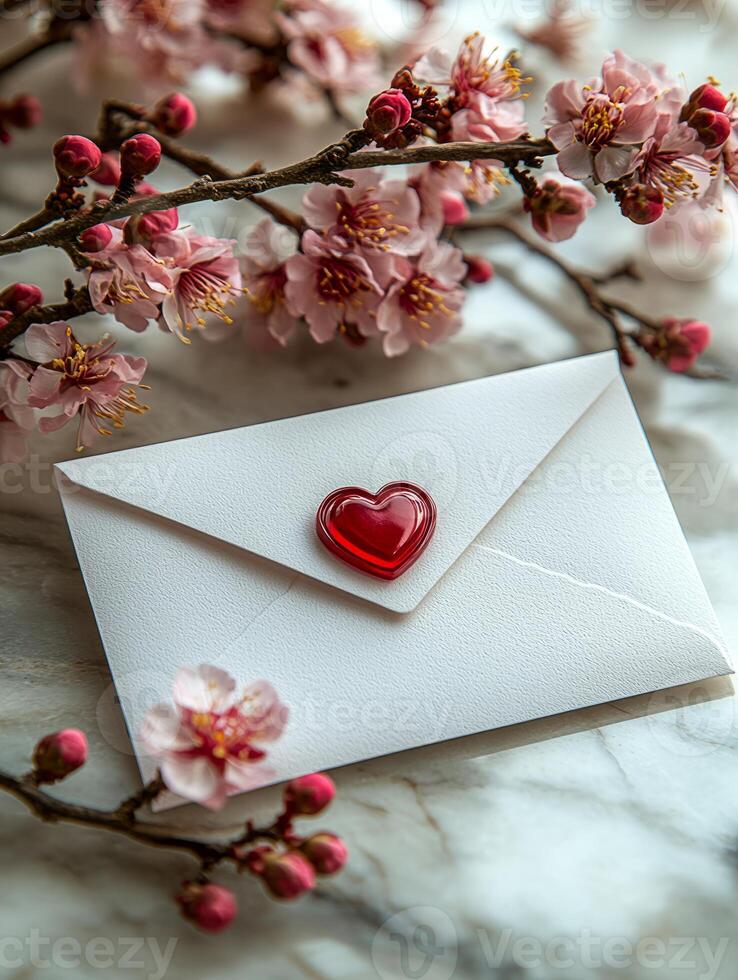 envelope with heart seal and blossoms framing it on marble surface photo