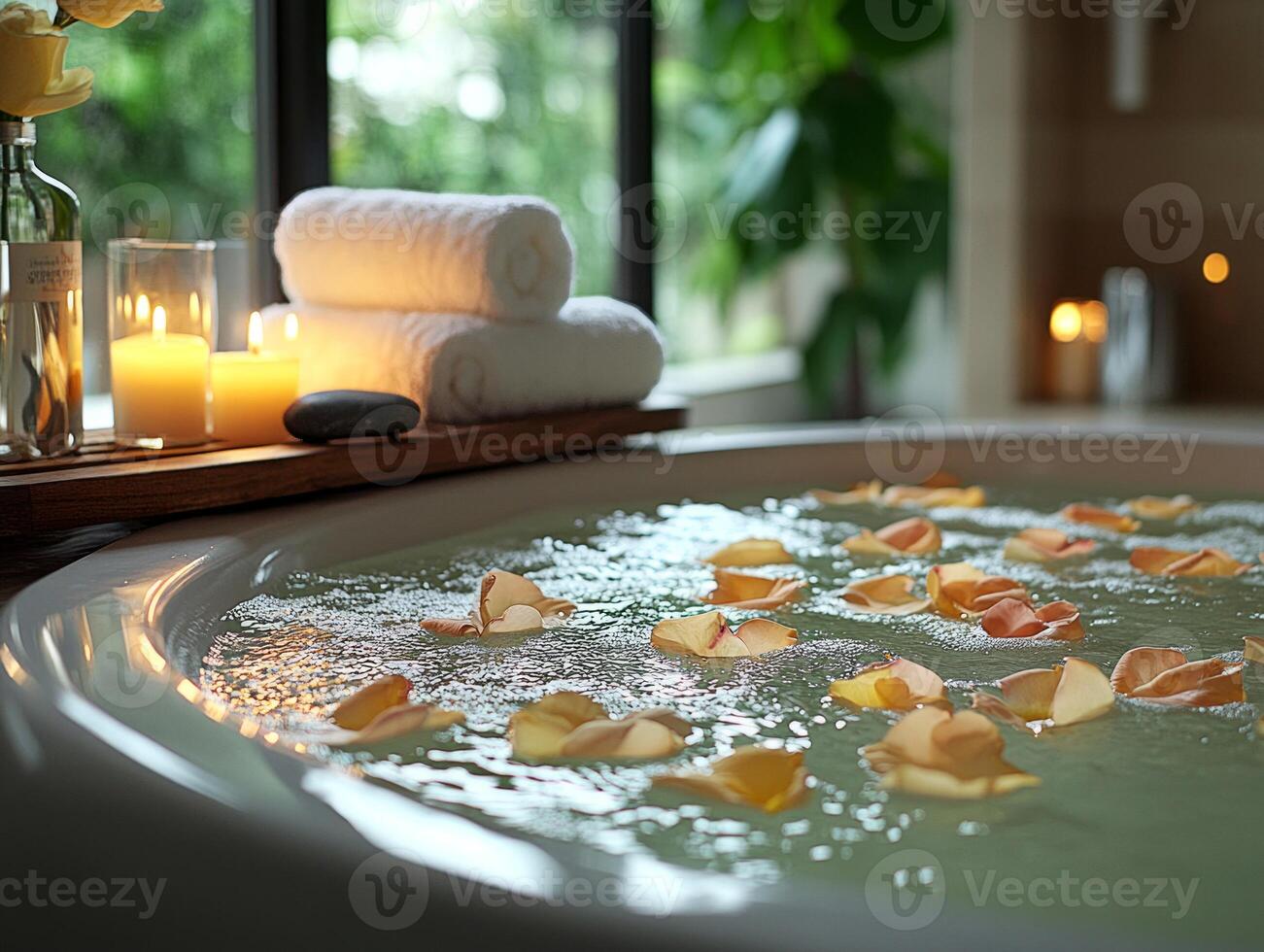 Relaxing petal bath with burning candles creating a romantic atmosphere photo