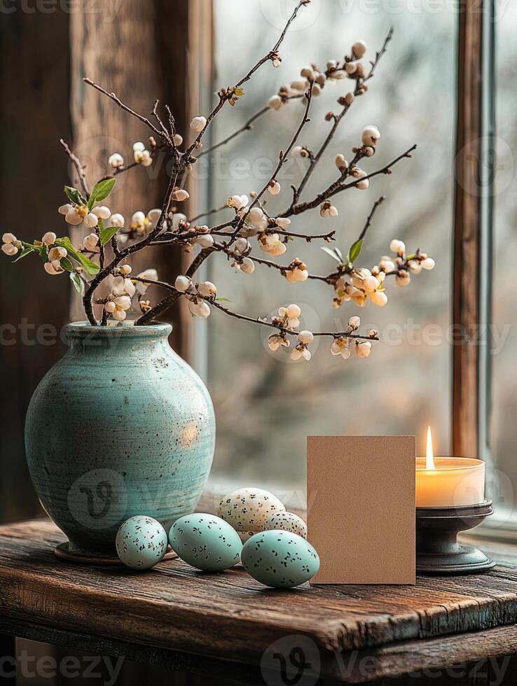 Burning candle with easter eggs and blank card photo