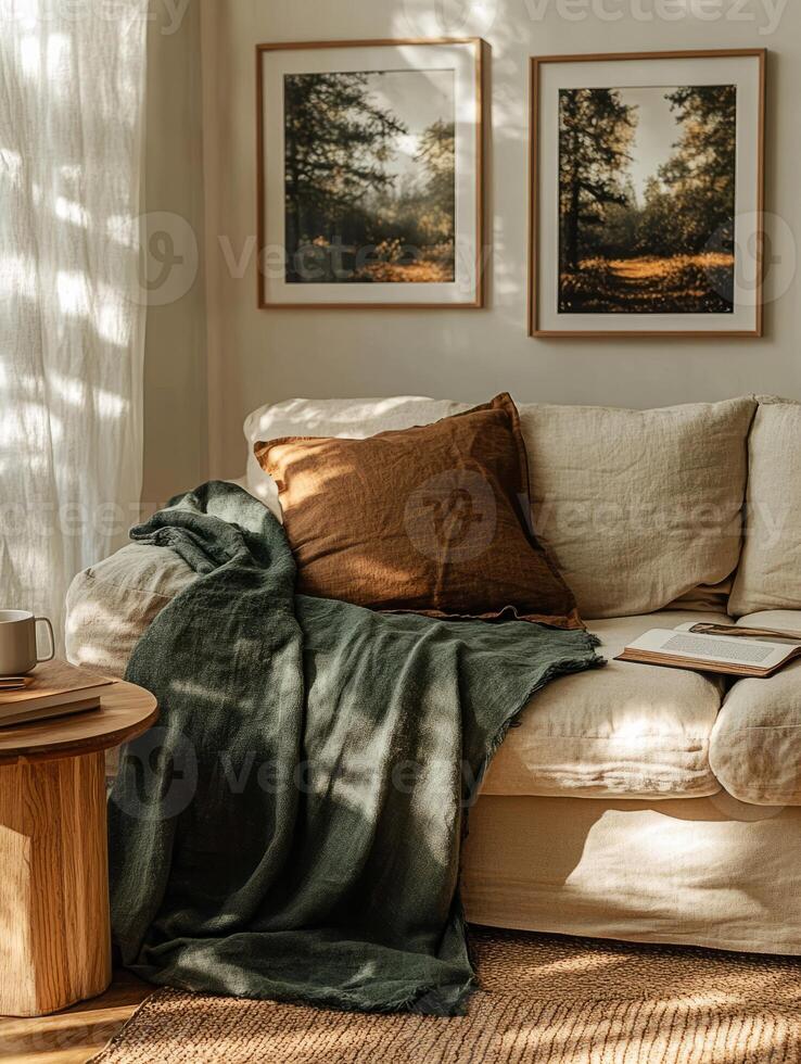 Cozy room with comfortable sofa, soft blanket, and warm sunlight photo