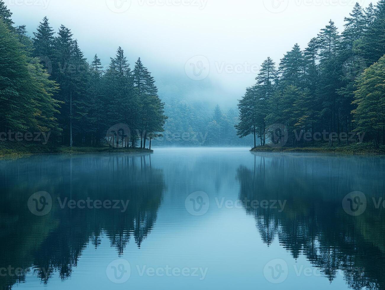 Fog forest reflecting on beautiful lake in autumn photo