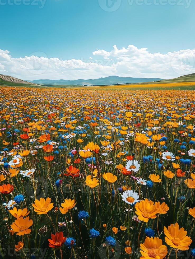 Colorful wildflower field blooming under summer sky photo