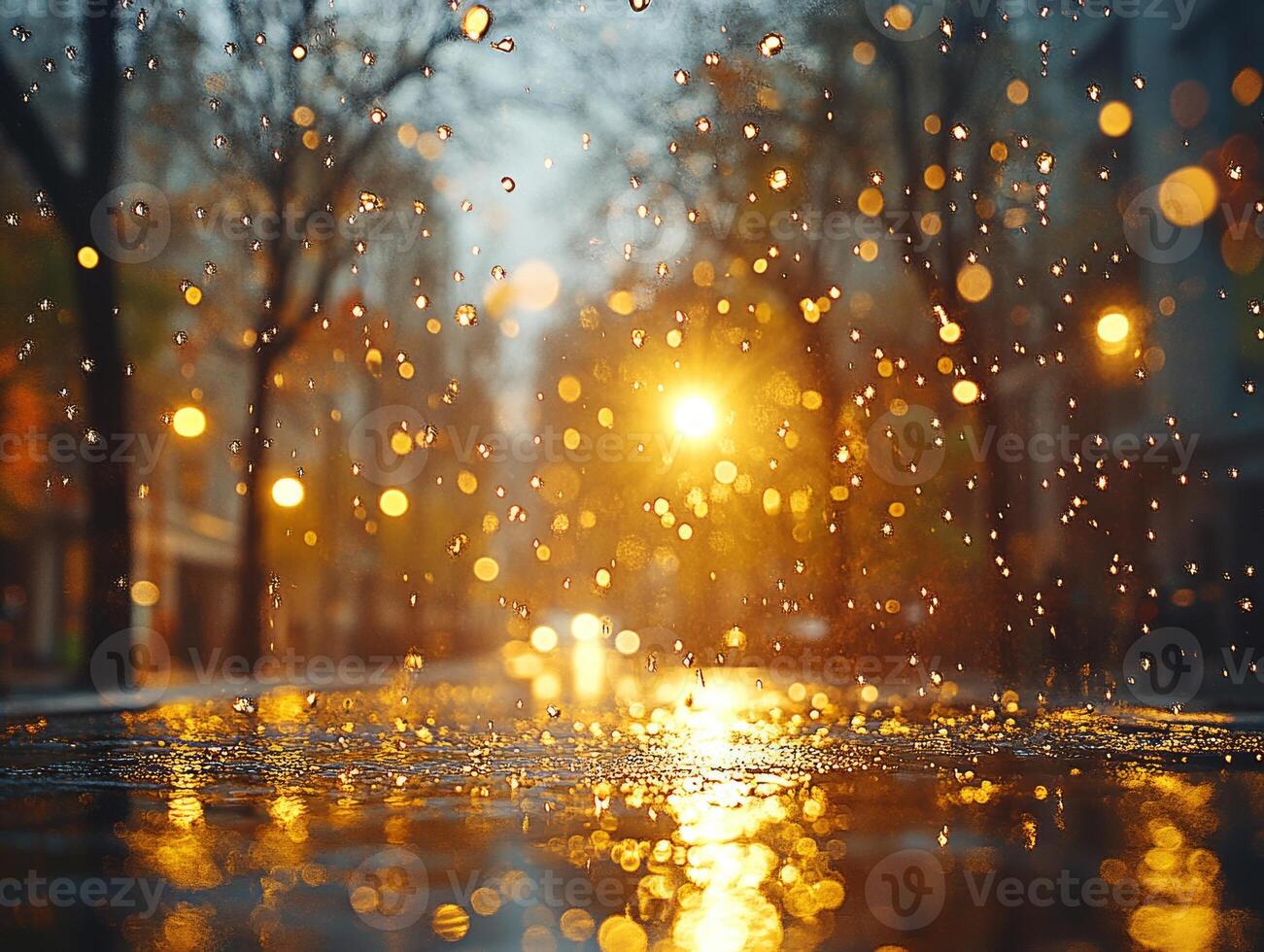 Evening Rain falling on new york city street at dusk creating beautiful bokeh effect photo
