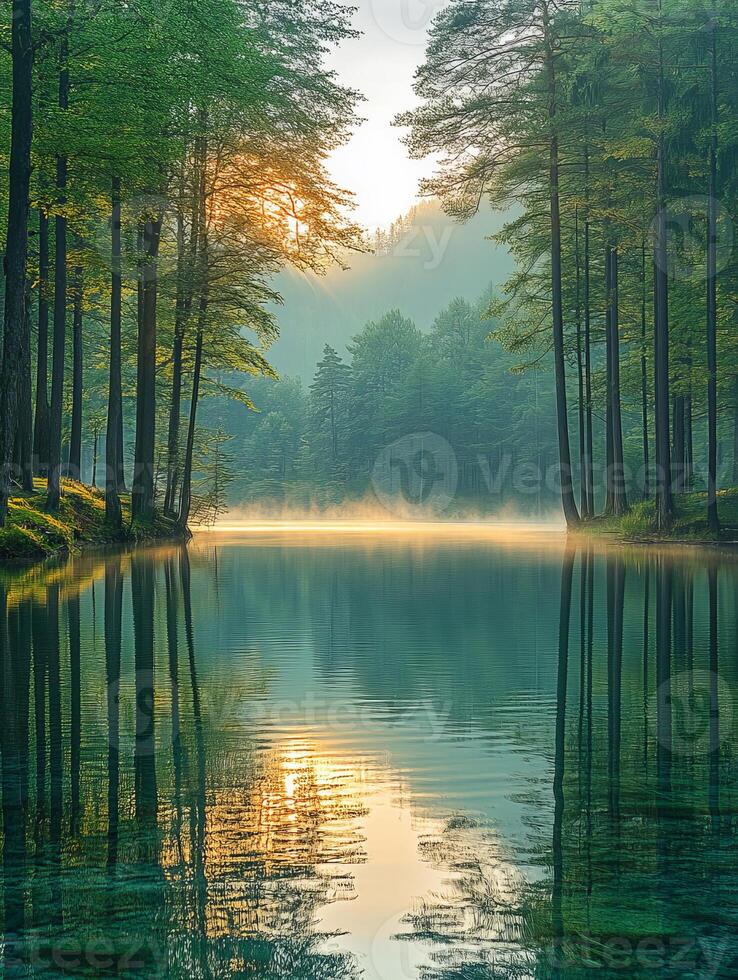forest reflecting on lake in autumn photo