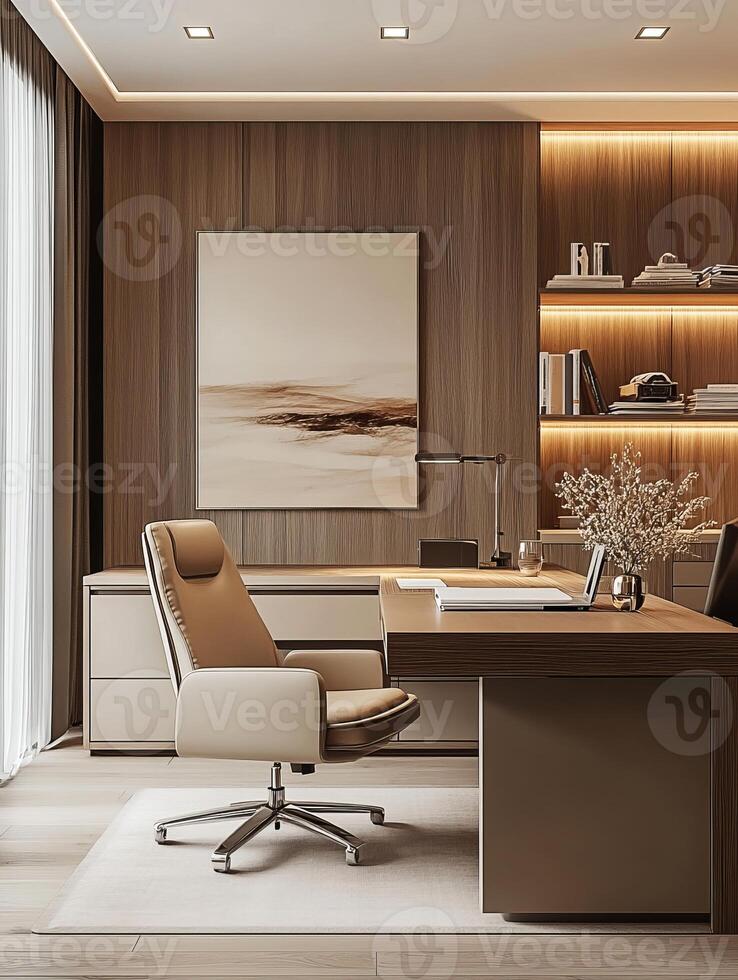 Modern office interior with mocha mousse color palette and wood paneling photo