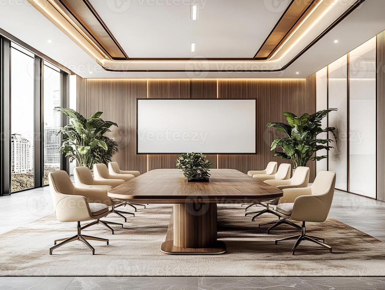 Modern conference room with large blank screen displaying mocha mousse color palette photo