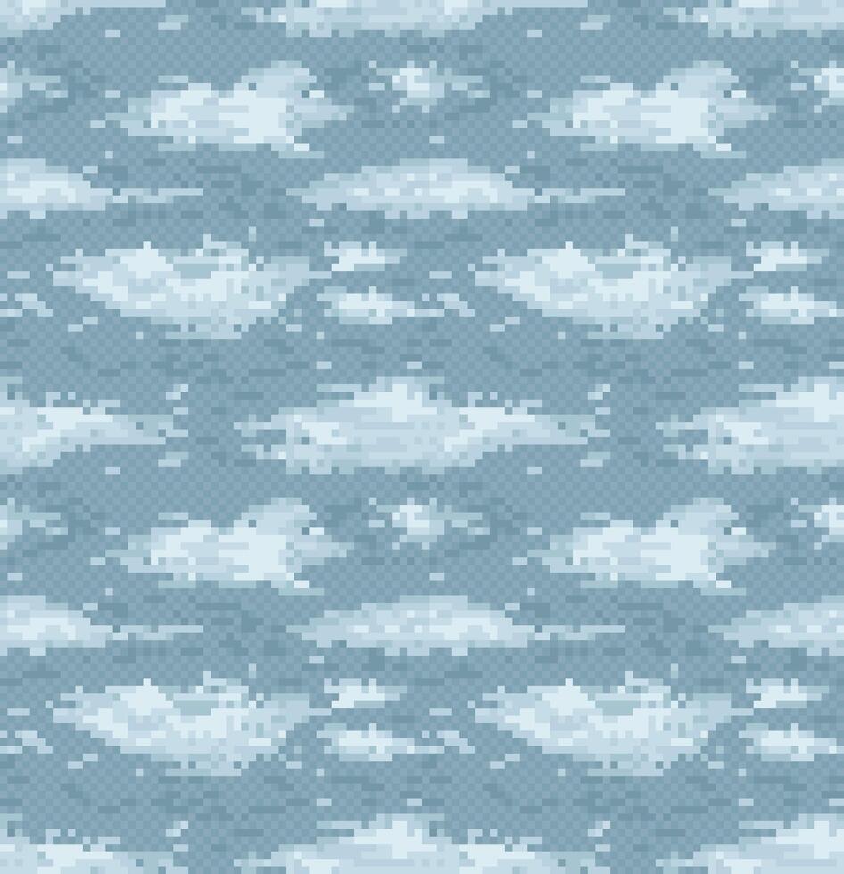 The seamless blue pixel background with clouds. vector