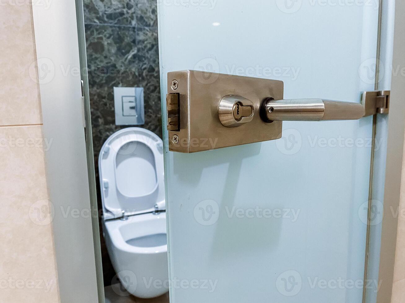 A glass door with a visible toilet in the bathroom is a product of household hardware with a secure handle and gas fixture. photo