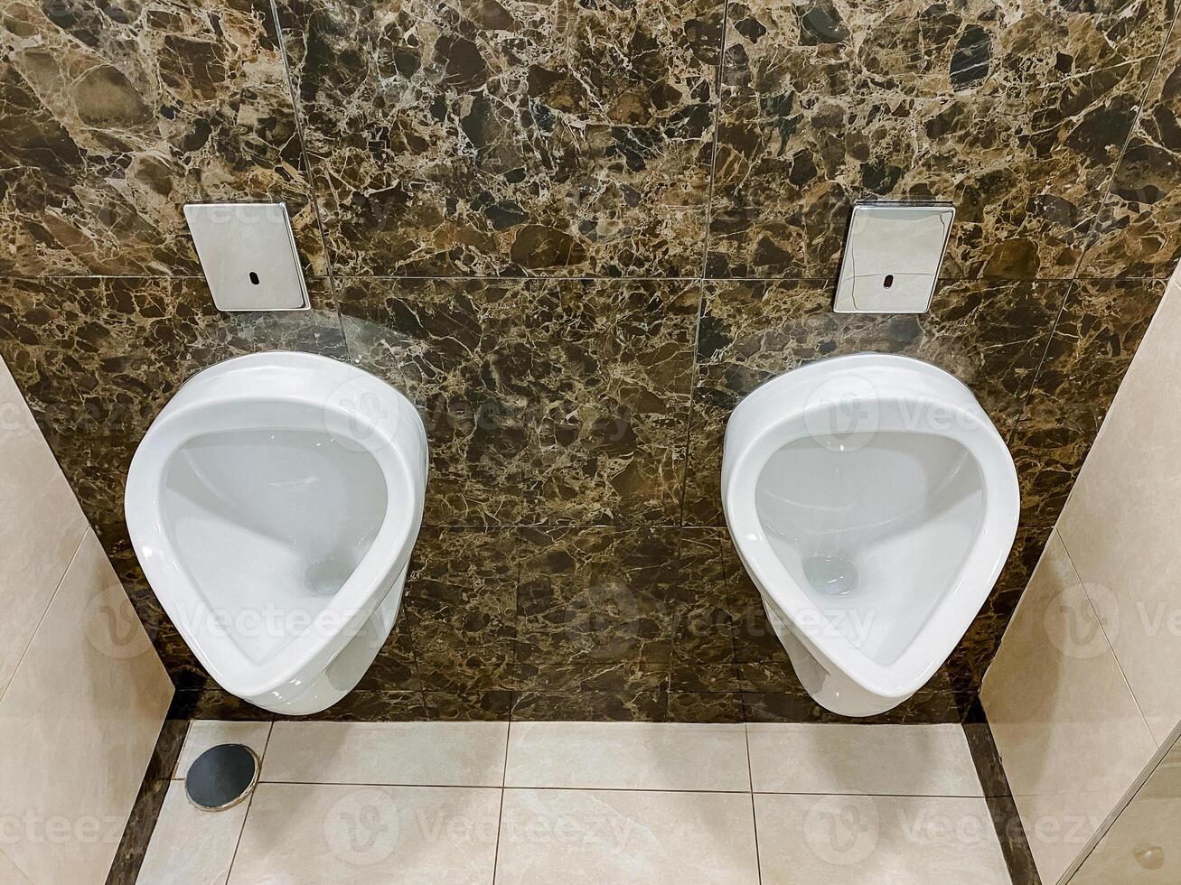 Brown bathroom with two urinals and plumbing fixtures made of composite material in a rectangular shape. photo
