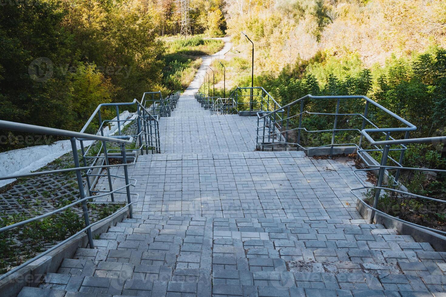 There is a beautiful set of stairs that leads up into the inviting forest, complete with a sturdy metal railing for support and safety as you ascend into the natural surroundings photo