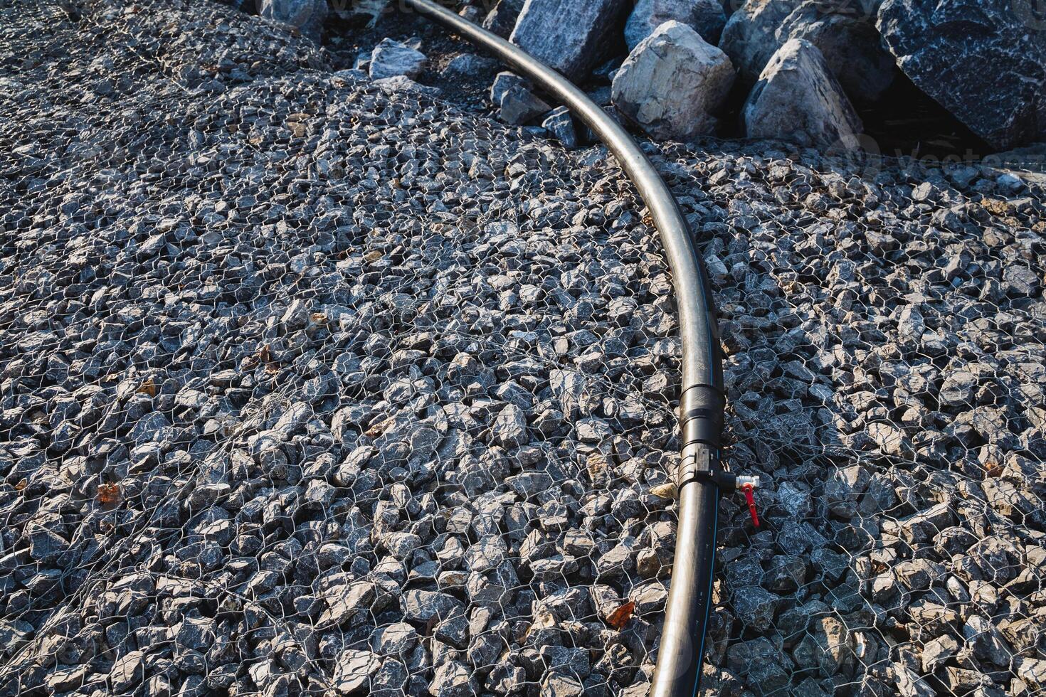 A garden hose is currently laying on top of a large pile of rocks, which may include pebbles, rubble, and soil, creating an interesting scene amidst various terrestrial plants photo