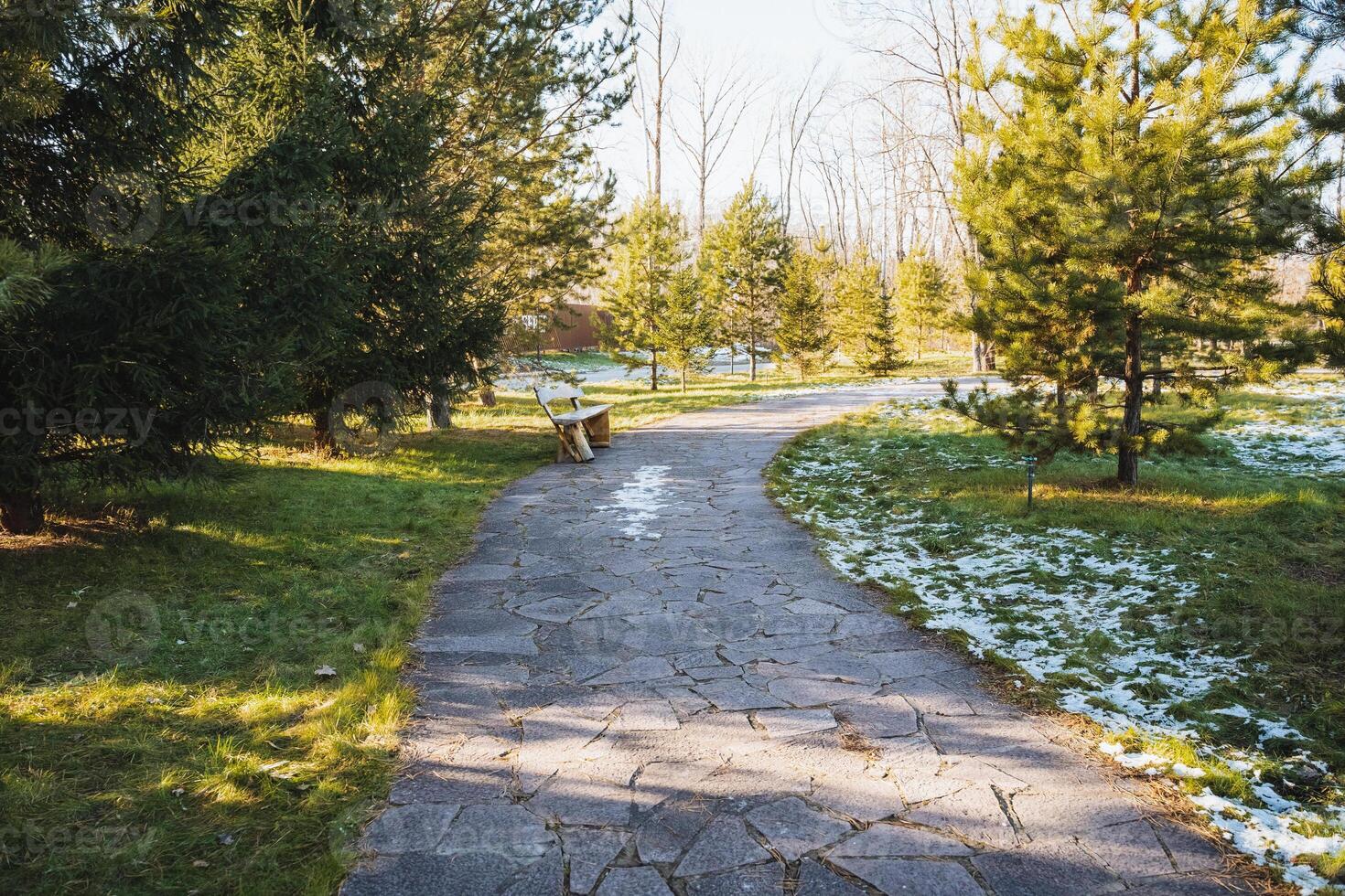There is a beautiful stone path winding through a lovely park, which is fully surrounded by a variety of trees and luscious grass, creating a serene natural setting for visitors photo