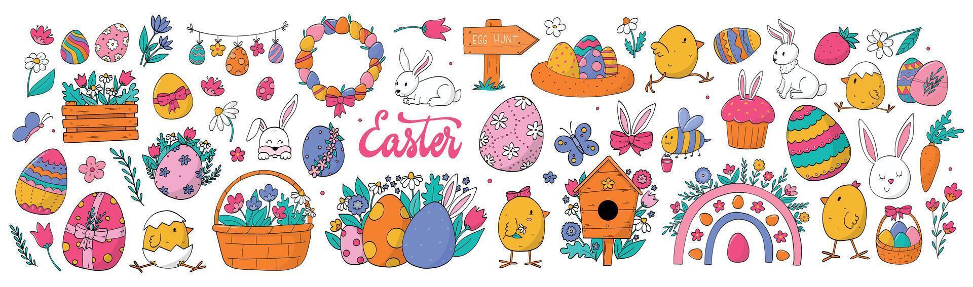 Easter doodles, big cartoon elements collection for stickers, apparel decor, prints, stationery, social media, cards, posters, banners, nursery decor, etc. EPS 10 vector