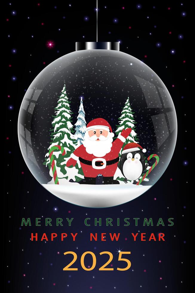 Christmas,New Year card.Snow globe with Santa Claus,Penguin with snow falling hang on Starry Sky Background,Xmas Glass ball and snow inside,Christmas tree decoration for Festive decoration object vector