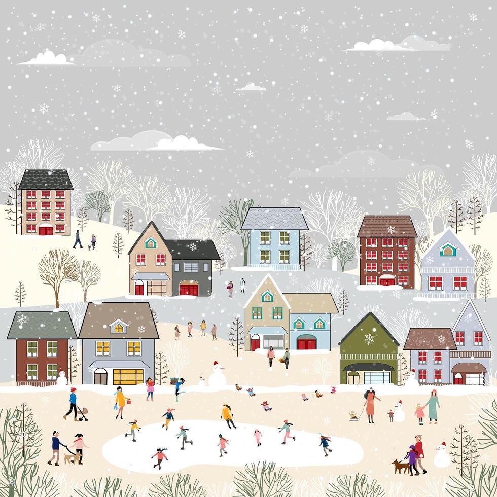 Winter Village landscape background,Celebrating Christmas, New Year City Night Sky with Snow people playing ice skate in the park, cute cartoon Xmas horizon winter wonderland in Xmas eve vector