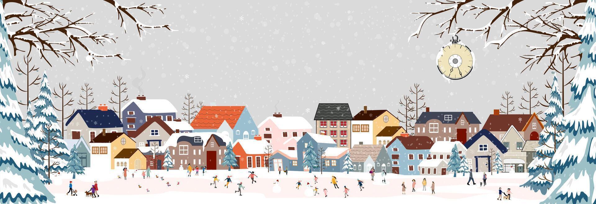 Winter City Scene,Christmas Greeting Card,New Year Background, illustration of Horizon Cute Fairy Houses with Snowy for Christmas winter landscape Design for Postcard,Calendar,Web Banner vector