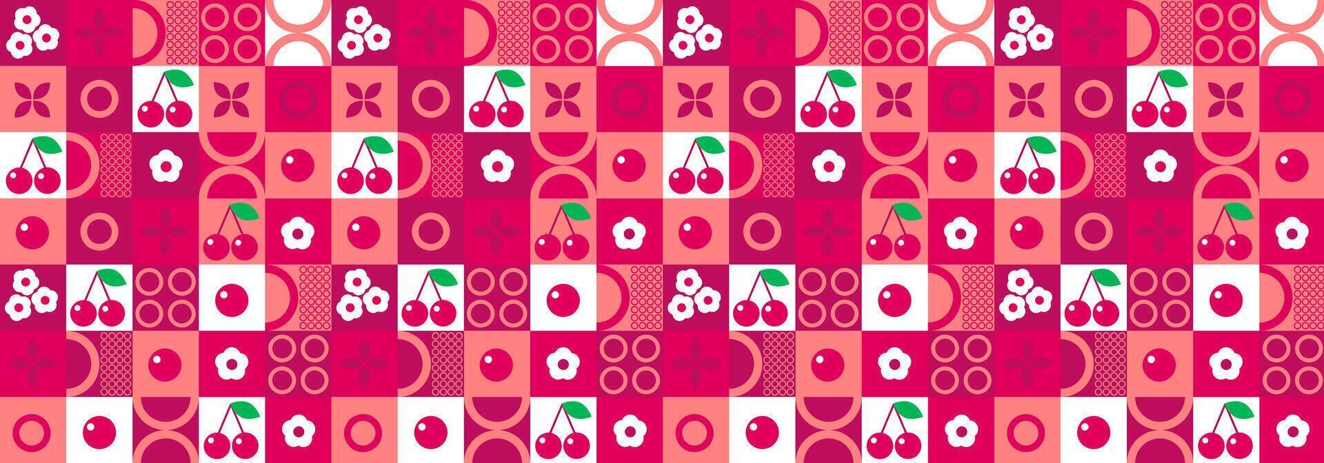 Cherry abstract geometric pattern in bauhaus and minimalism style. Natural organic plant and berry shapes, eco-farming. Designer fabric, card, wrapping paper, cover. vector