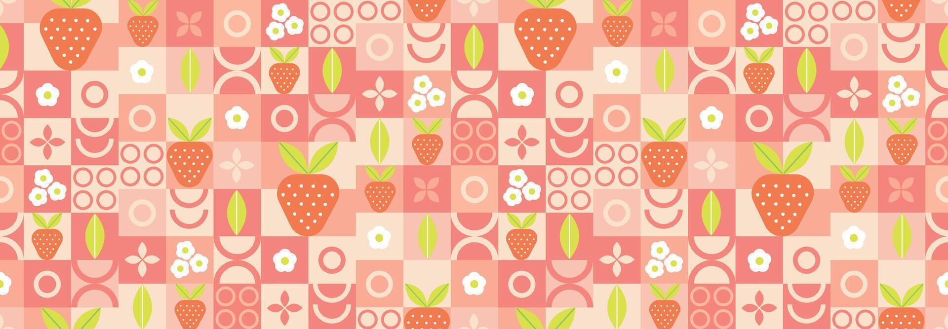 Strawberry abstract geometric pattern in bauhaus and minimalism style. Natural organic shapes of plants and berries, eco farming. Designer fabric, card, wrapping paper, cover. vector