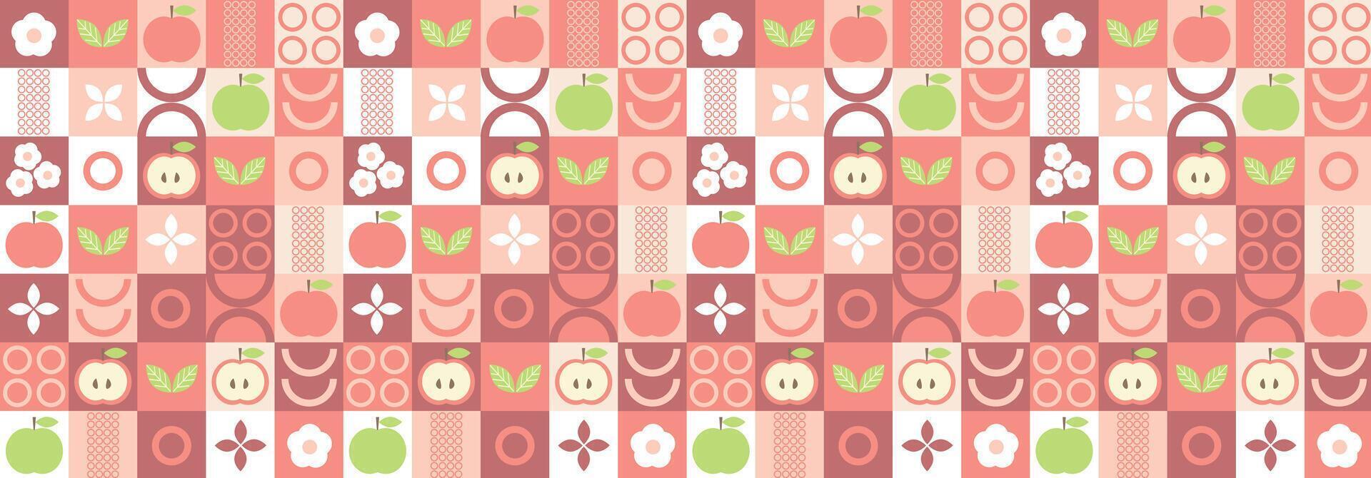 Apple abstract geometric pattern in bauhaus and minimalism style. Natural organic shapes of plants and berries, eco farming. Designer fabric, card, wrapping paper, cover. vector