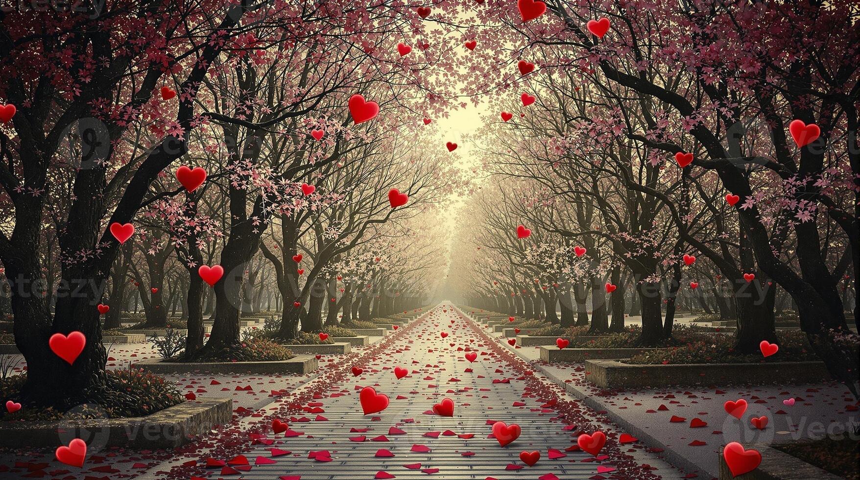 A romantic pathway adorned with cherry blossoms and heartshaped petals for you to enjoy photo