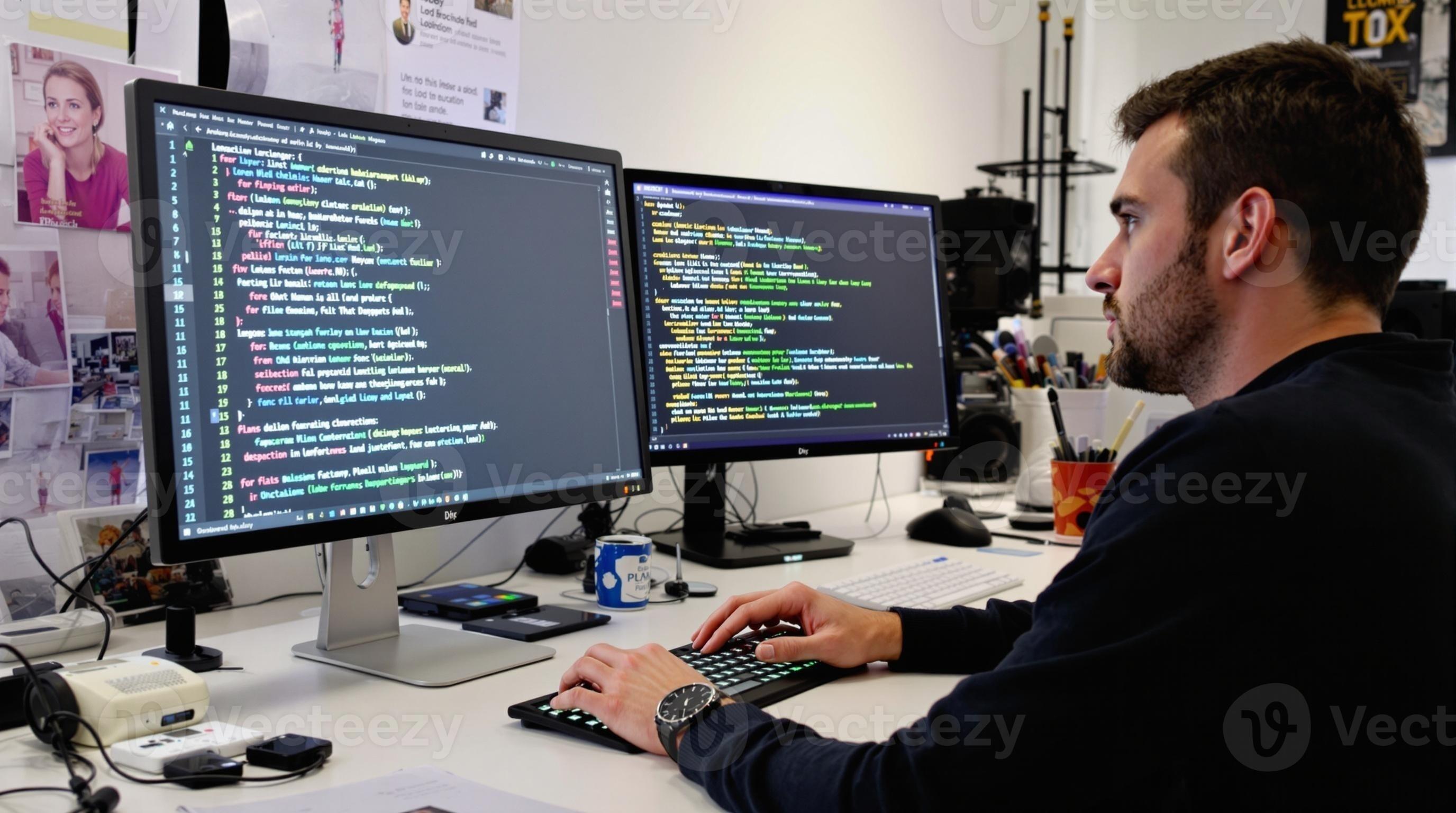A Focused Programmer Engaged in Work with Multiple Monitors in a Modern ...