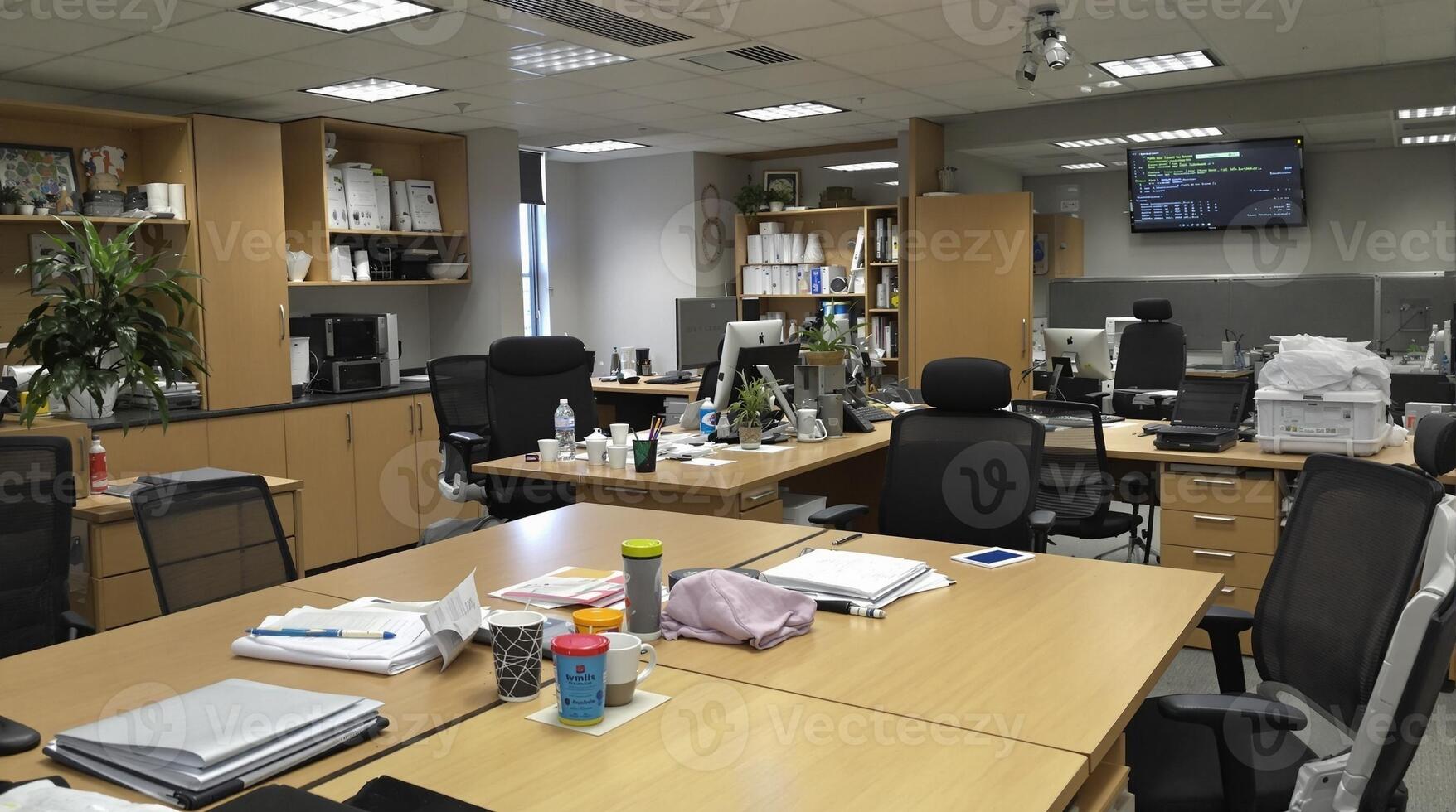 A Modern Office Workspace featuring Organized Desks, Vibrant Plants, and Efficient Layouts photo