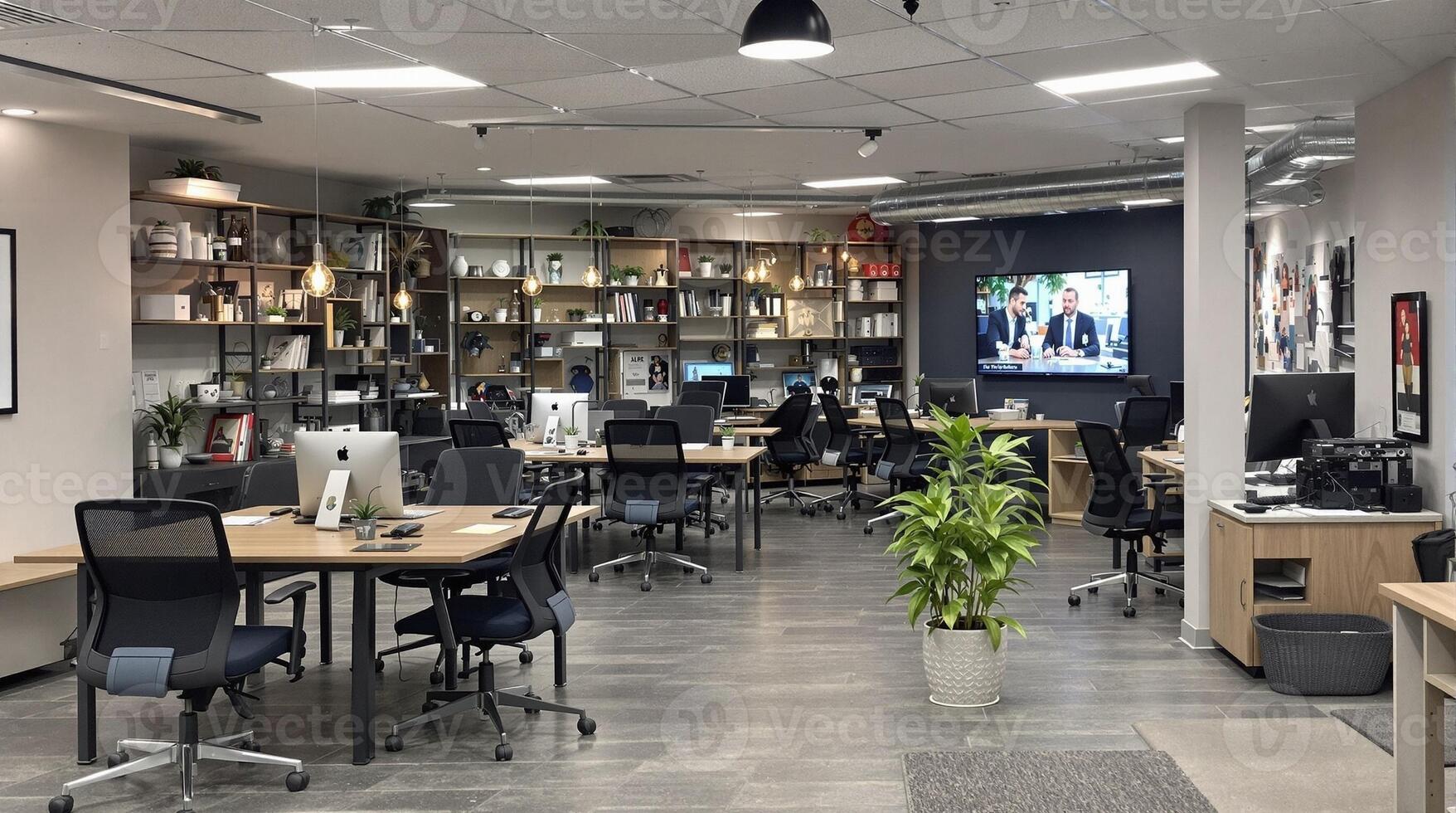 Modern office space with innovative collaborative workstations to boost creativity and productivity photo