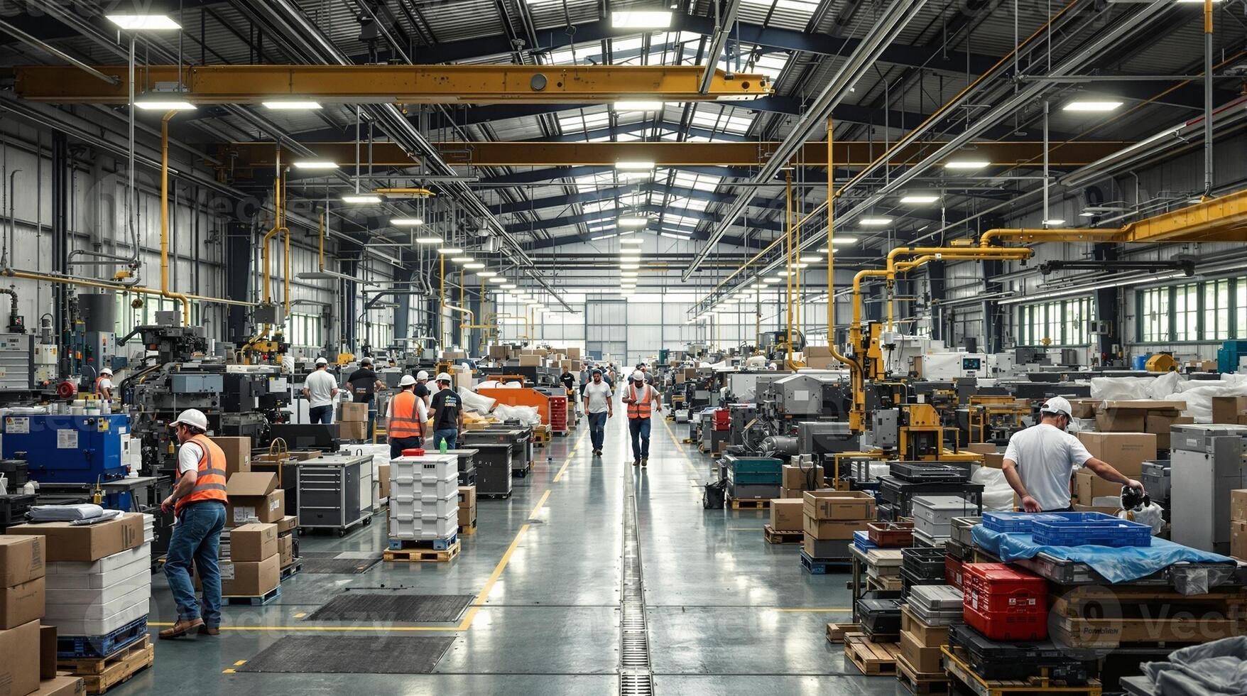 A busy manufacturing facility filled with workers and a variety of equipment in action photo