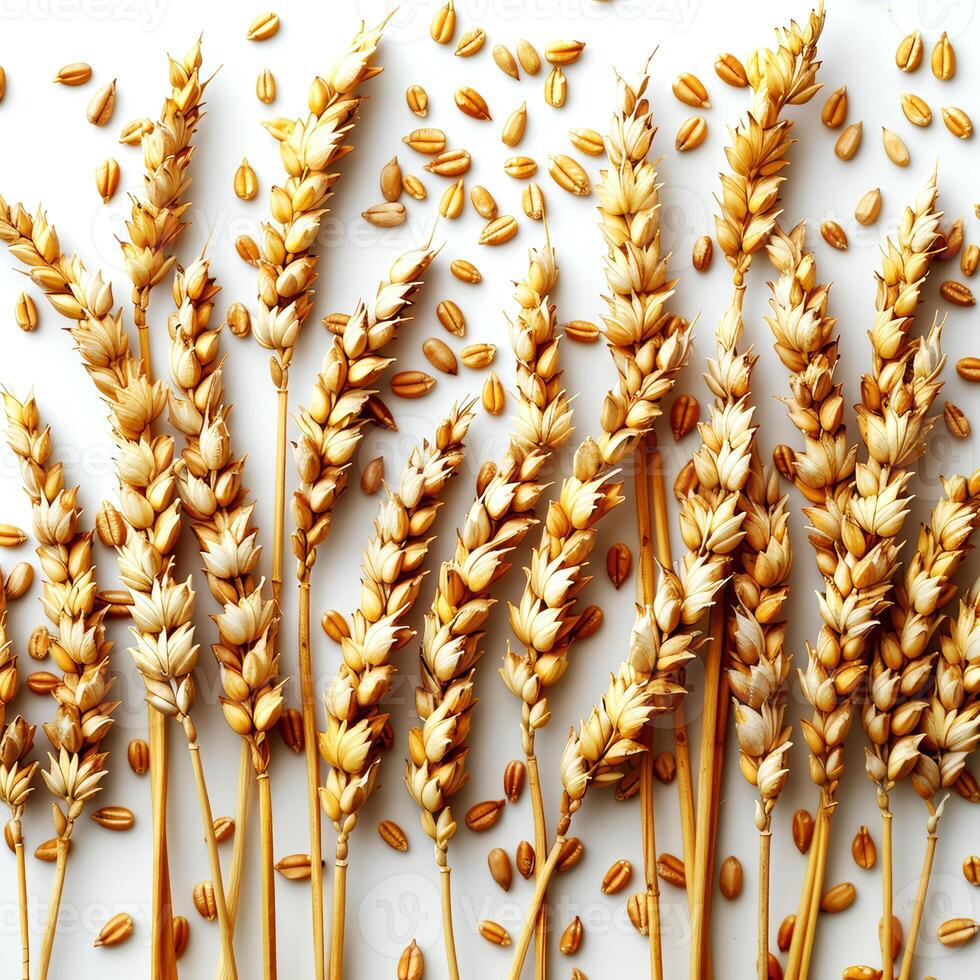 Ears of wheat isolated on white background. Top view. Flat lay. photo
