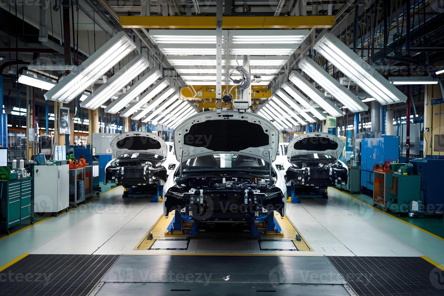 Assembly line shows cars in progress, organized workspace with machinery overhead photo