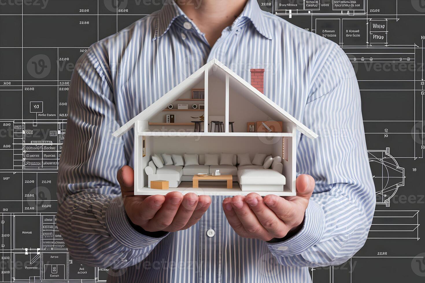 Man holds 3D house model, architectural blueprint backdrop highlights design focus photo