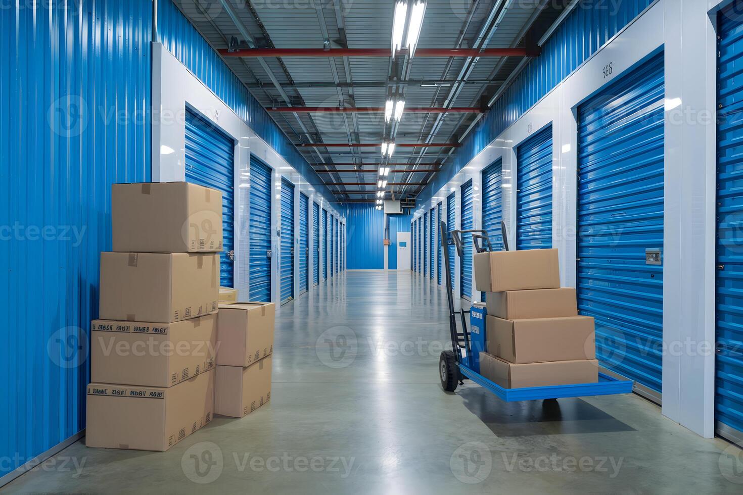Spacious storage facility with blue walls, boxes, and polished concrete floor photo