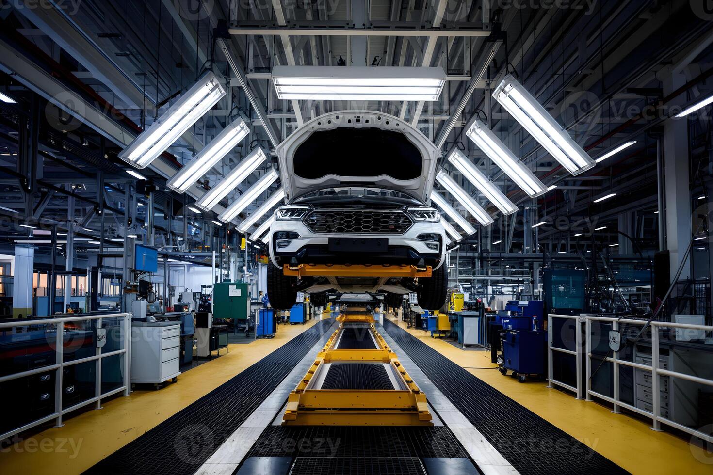 Industrial car assembly line features suspended vehicles and systematic machinery photo