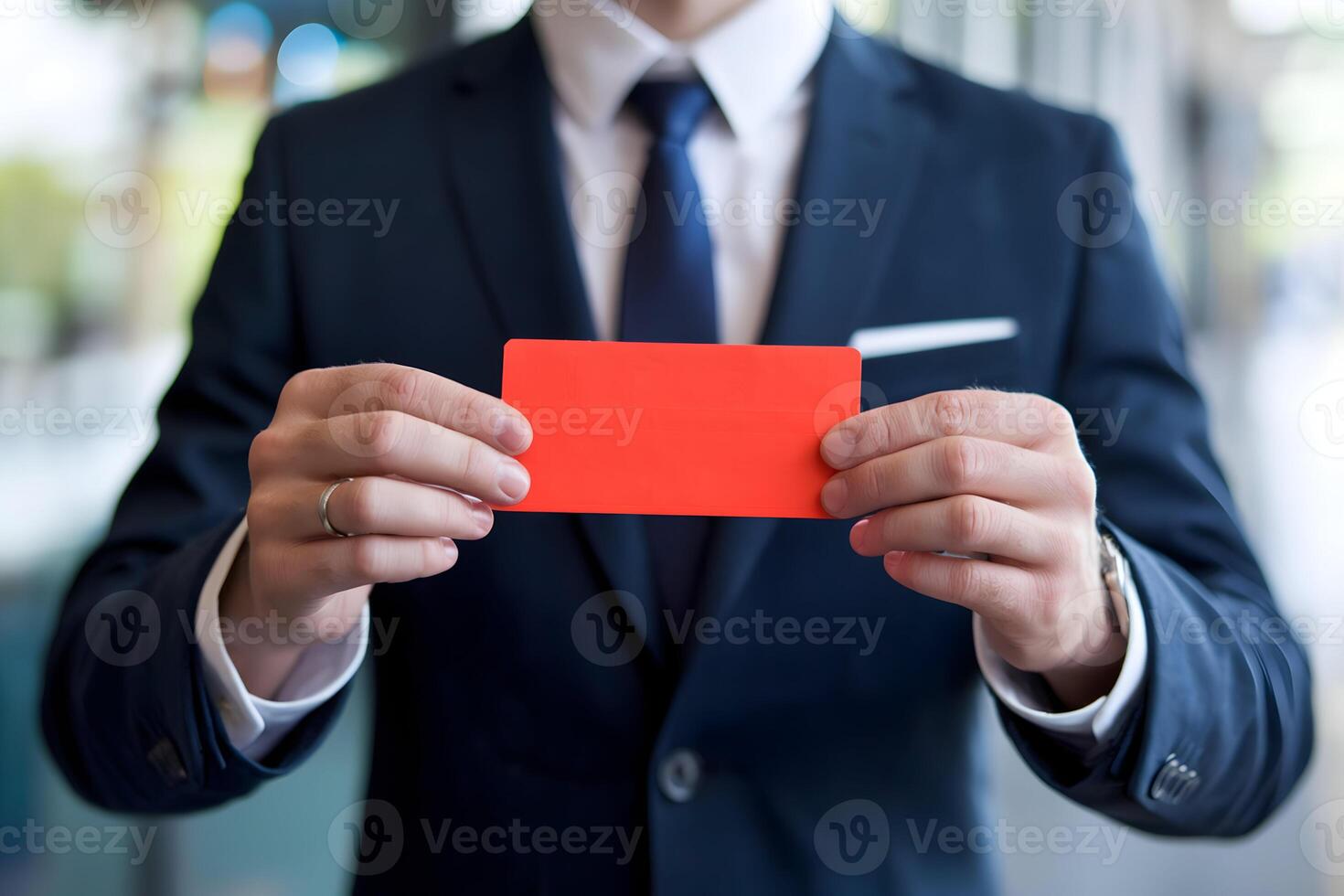 Man in suit holds vibrant red ticket, emphasizing its bold contrast photo