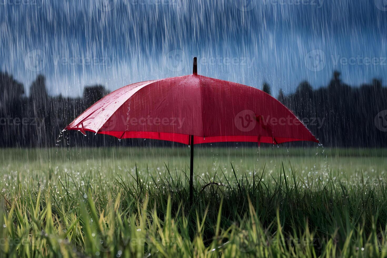 Red umbrella stands resilient in lush field amid heavy downpour photo