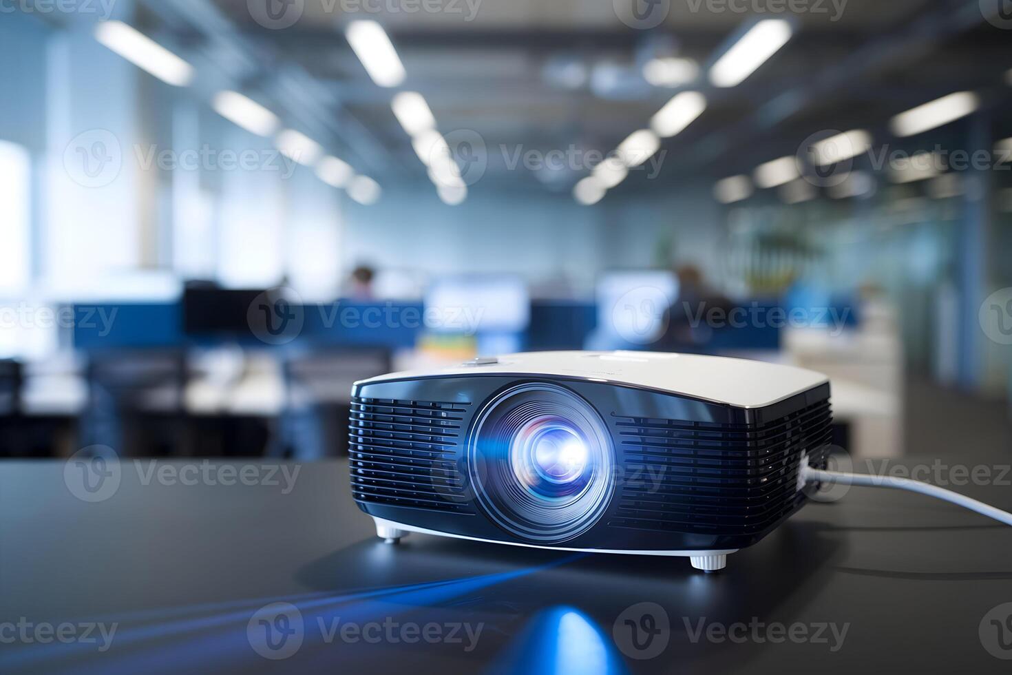 Modern projector emits blue light in blurred office, ideal for professional use photo