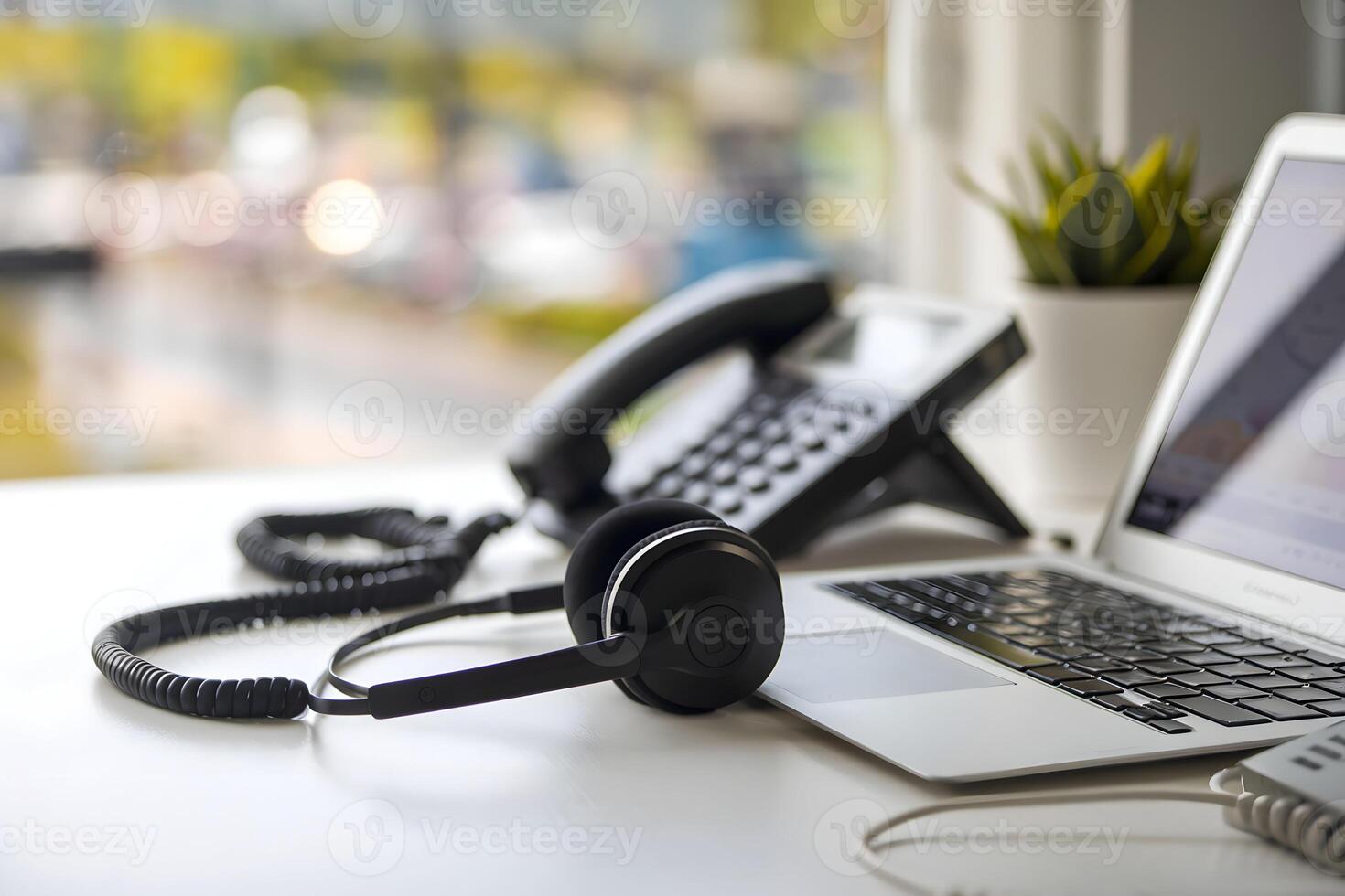Workspace with laptop, headset, and telephone, hinting at remote customer service photo