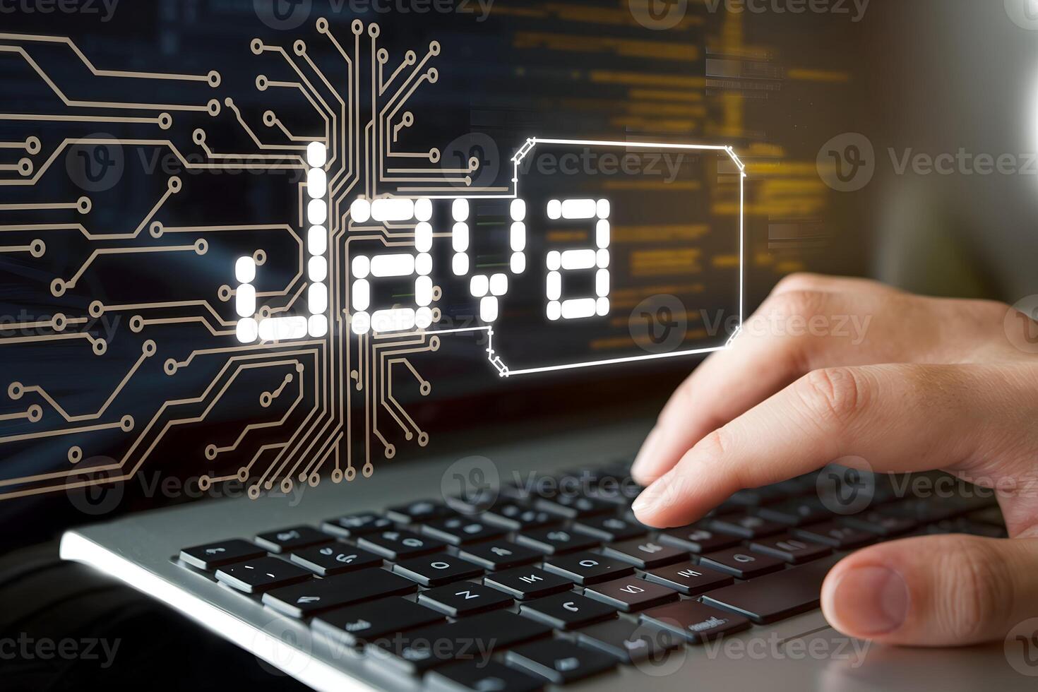 JAVA text with circuitry and hand typing, emphasizing software development theme photo